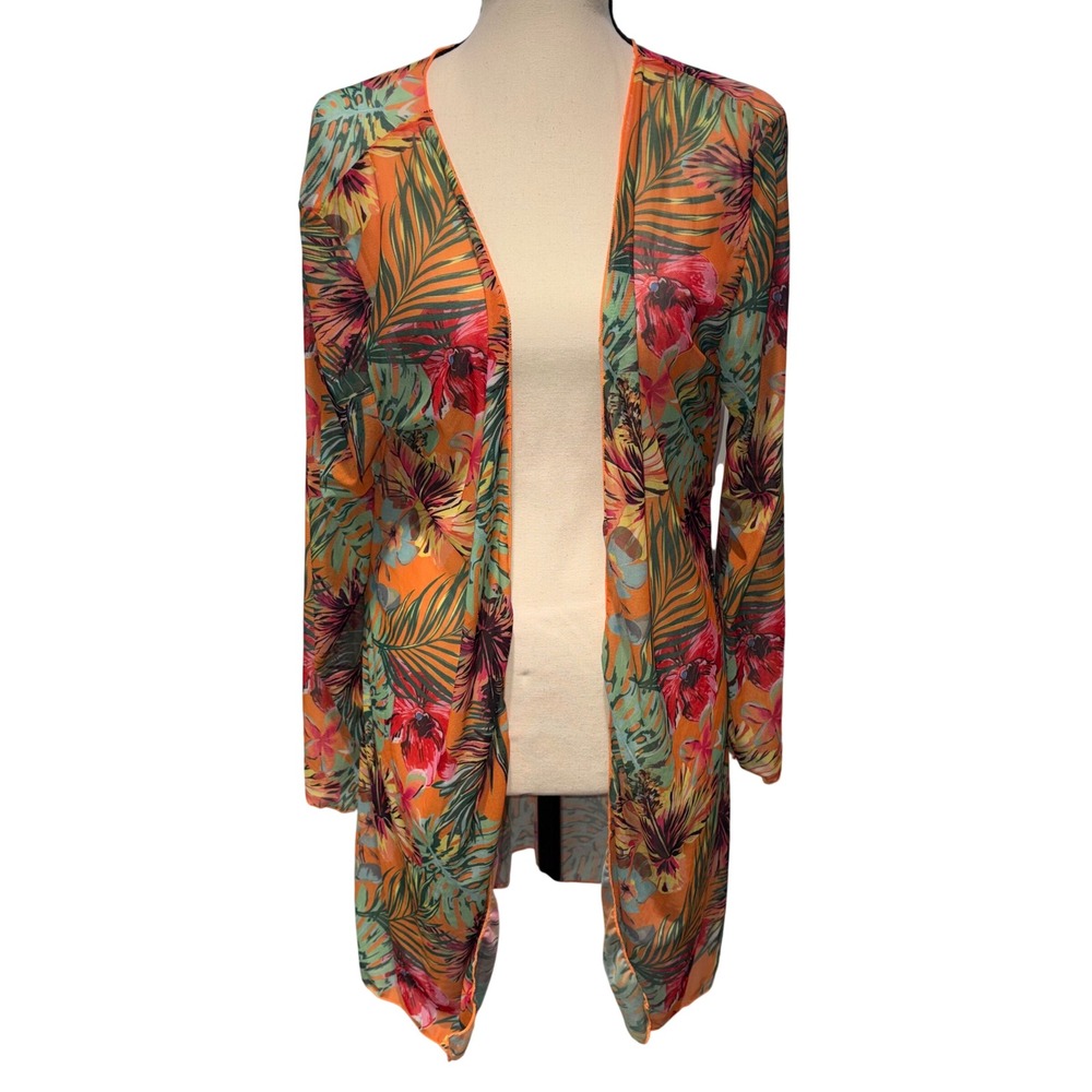 Tropical‎ Floral Mesh Beach Swim Cover Up Cardigan Womens Large Orange Unbranded